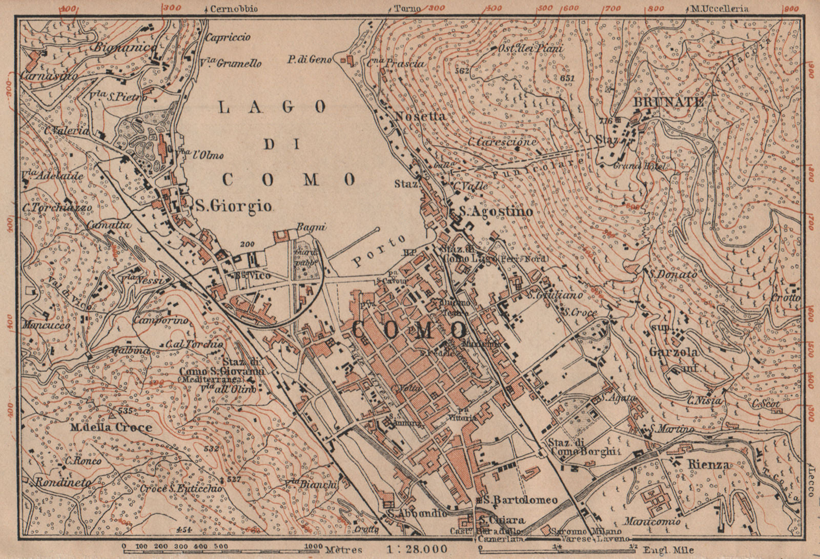 COMO ENVIRONS. Brunate San Giorgio. Italy mappa. BAEDEKER 1899 old antique